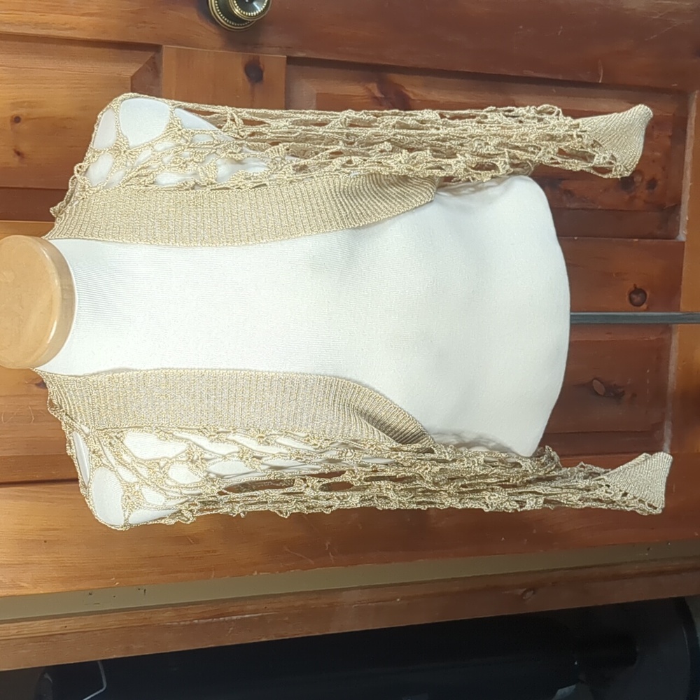 Crochet Capelet Shrug Sweater Jacket Gold Sparkly W/Knit Cuffs Waist L/XL